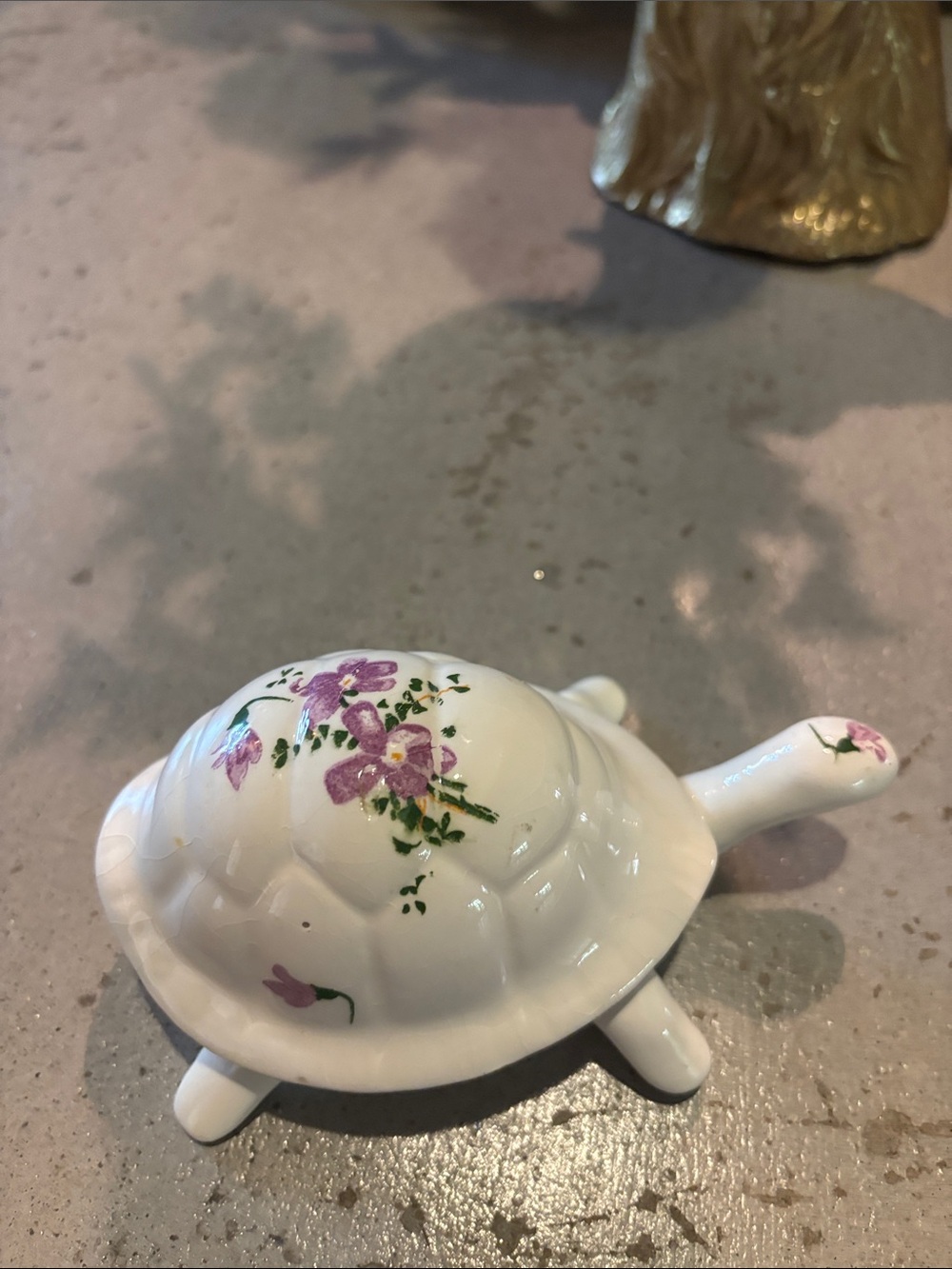 Hand-Painted White Ceramic Turtle Trinket Dish with Pink Floral Detail